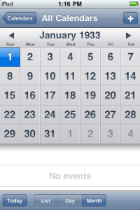 Screenshot showing calendar on iPod Touch in 1933
